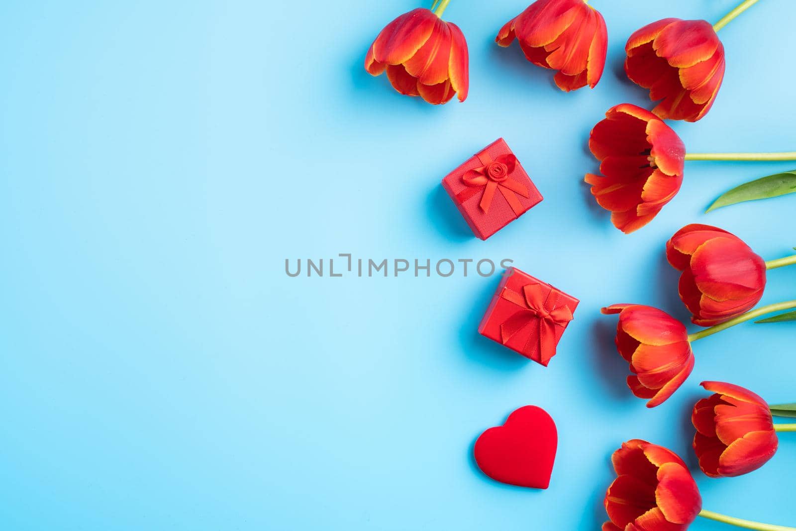 Mother's day background concept. Top view design of holiday greeting gift with red tulip bouquet on bright blue table background