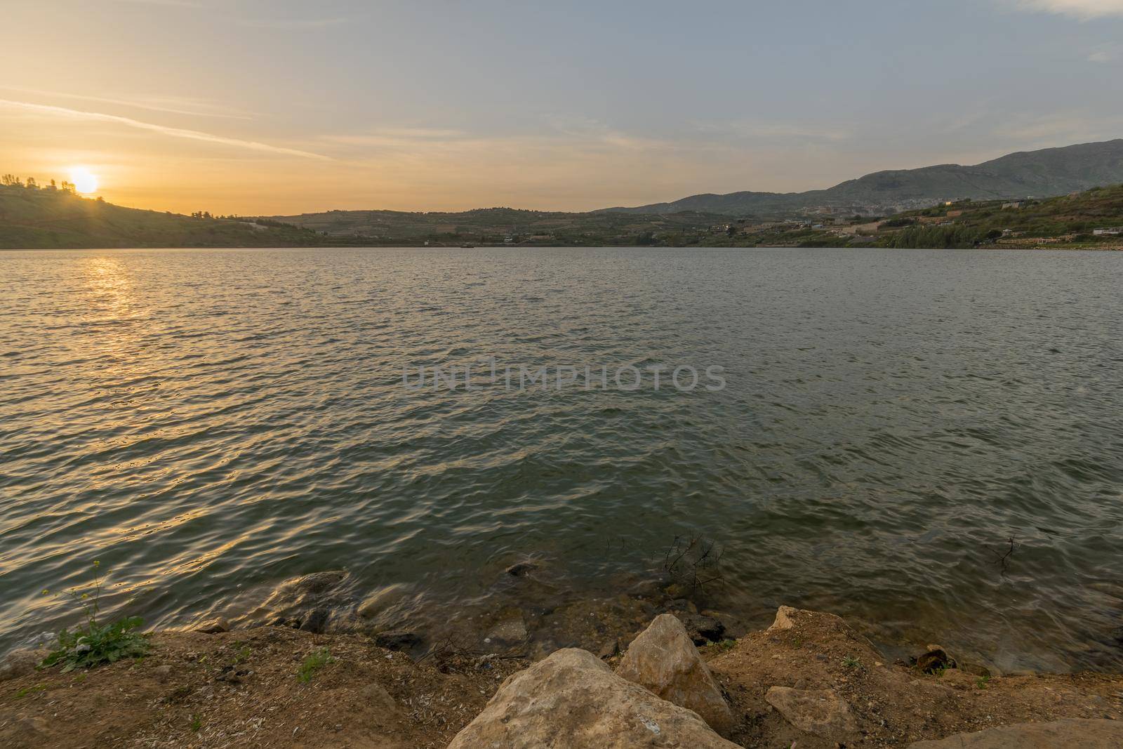 Sunset view of Lake Ram (Ram Pool) in the Golan Heights, Northern Israel