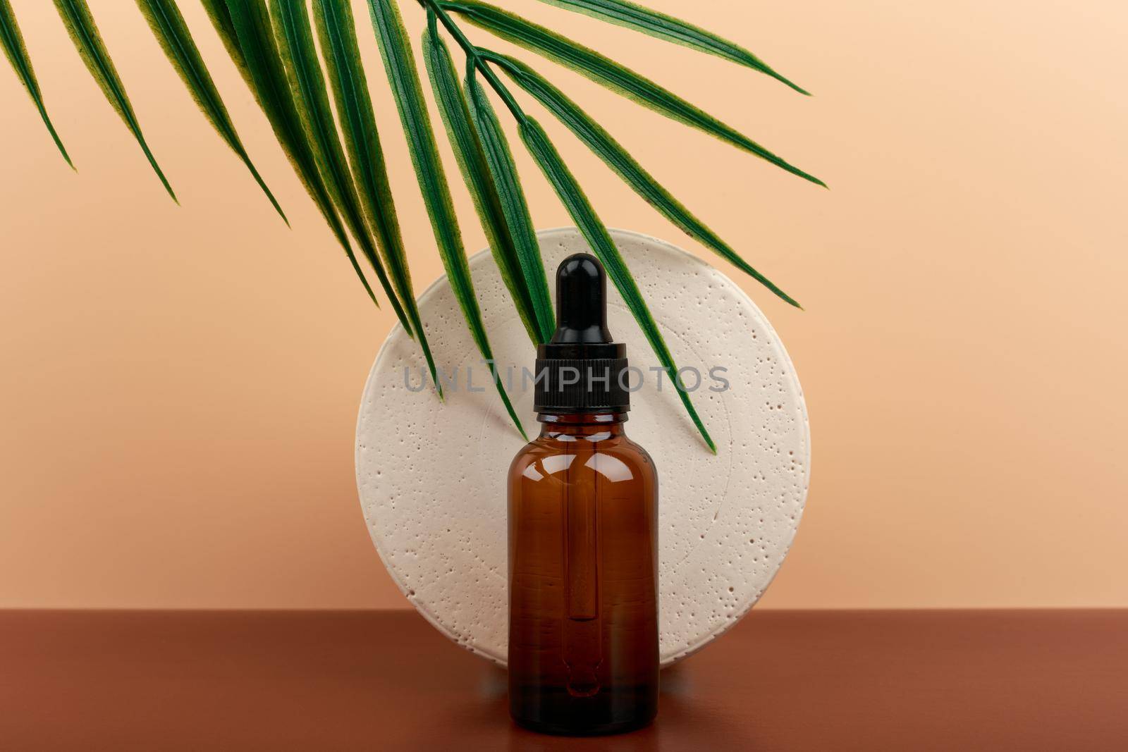 Still life with skin serum in dark bottle with round gypsum circle with palm leaf on dark brown table against beige background. Concept of skin care and beauty treatment 