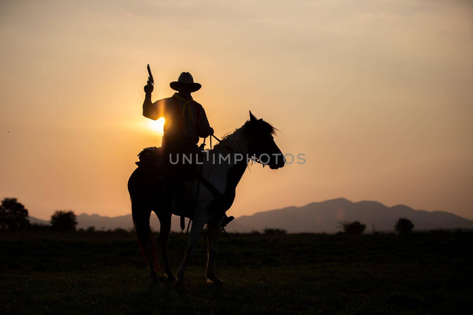 cowboy on horseback against a beautiful sunset, cowboy and horse at first light,mountain, river and lifestyle with natural light background	
