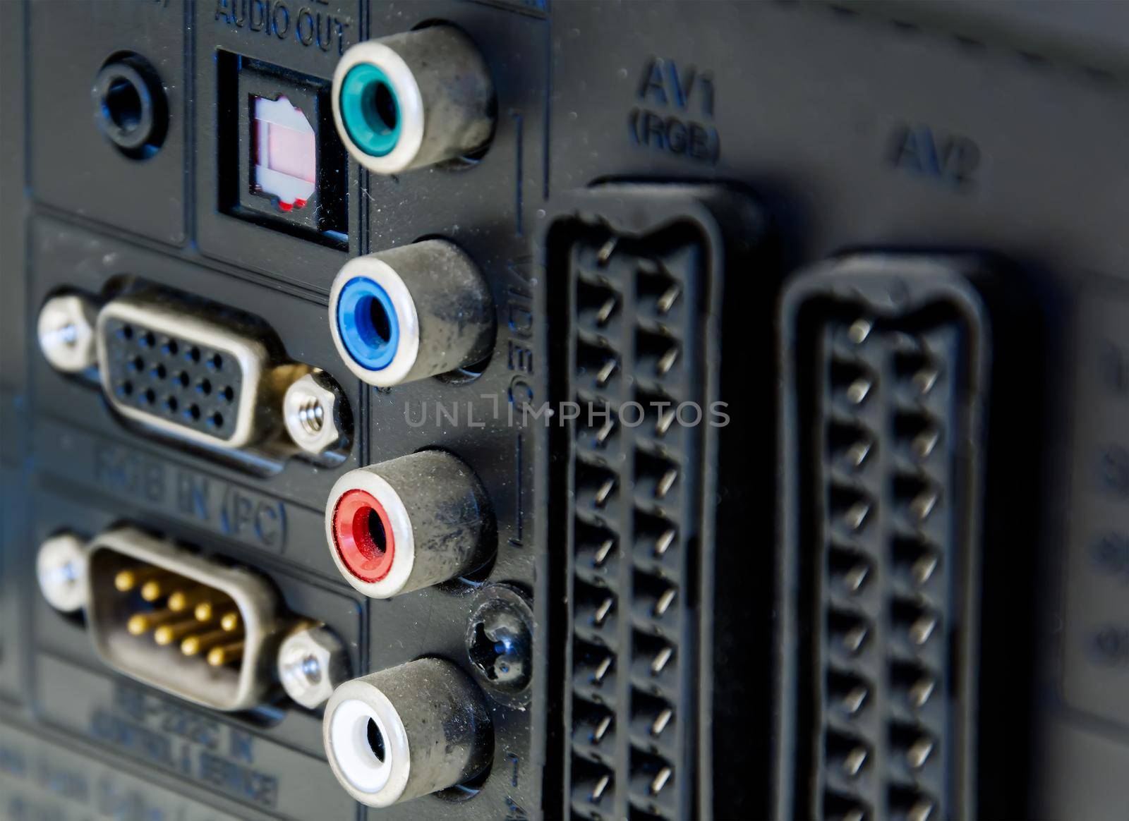 Rear panel of a television with sockets for audio and video signal , scart connections and for rgb video input for the monitor. Technology and connections between devices