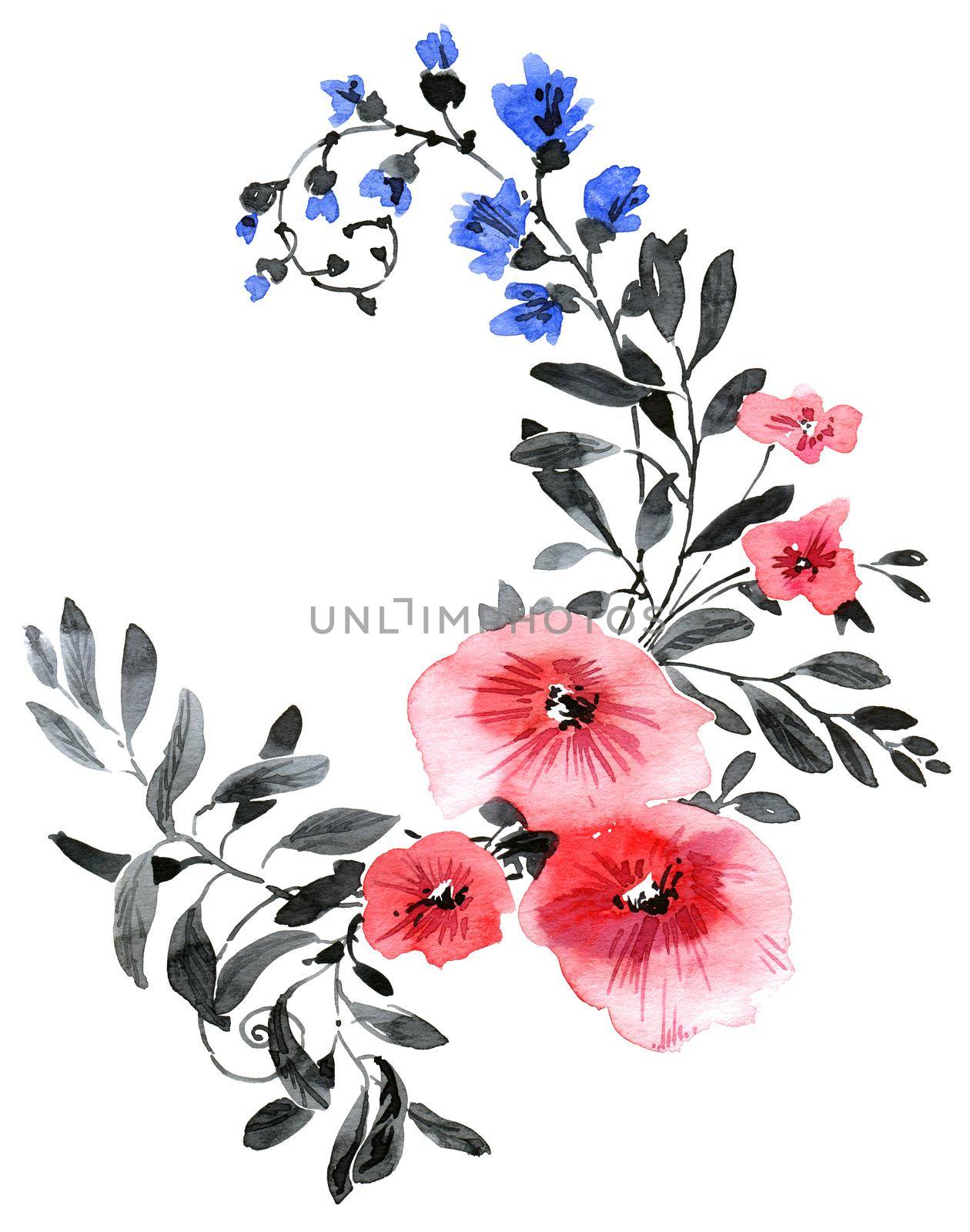 Watercolor illustration of pink and blue flowers with leaves. Beautiful bouquet on white background. Design for greeting card, invitation or cover.