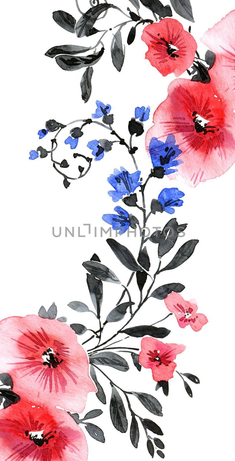 Watercolor illustration of pink and blue flowers with leaves. Beautiful bouquet on white background. Design for greeting card, invitation or cover.