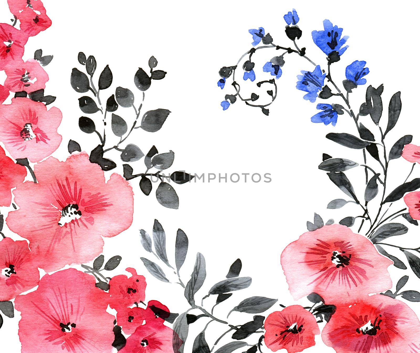 Watercolor illustration of pink and blue flowers with leaves. Beautiful bouquet on white background. Design for greeting card, invitation or cover.