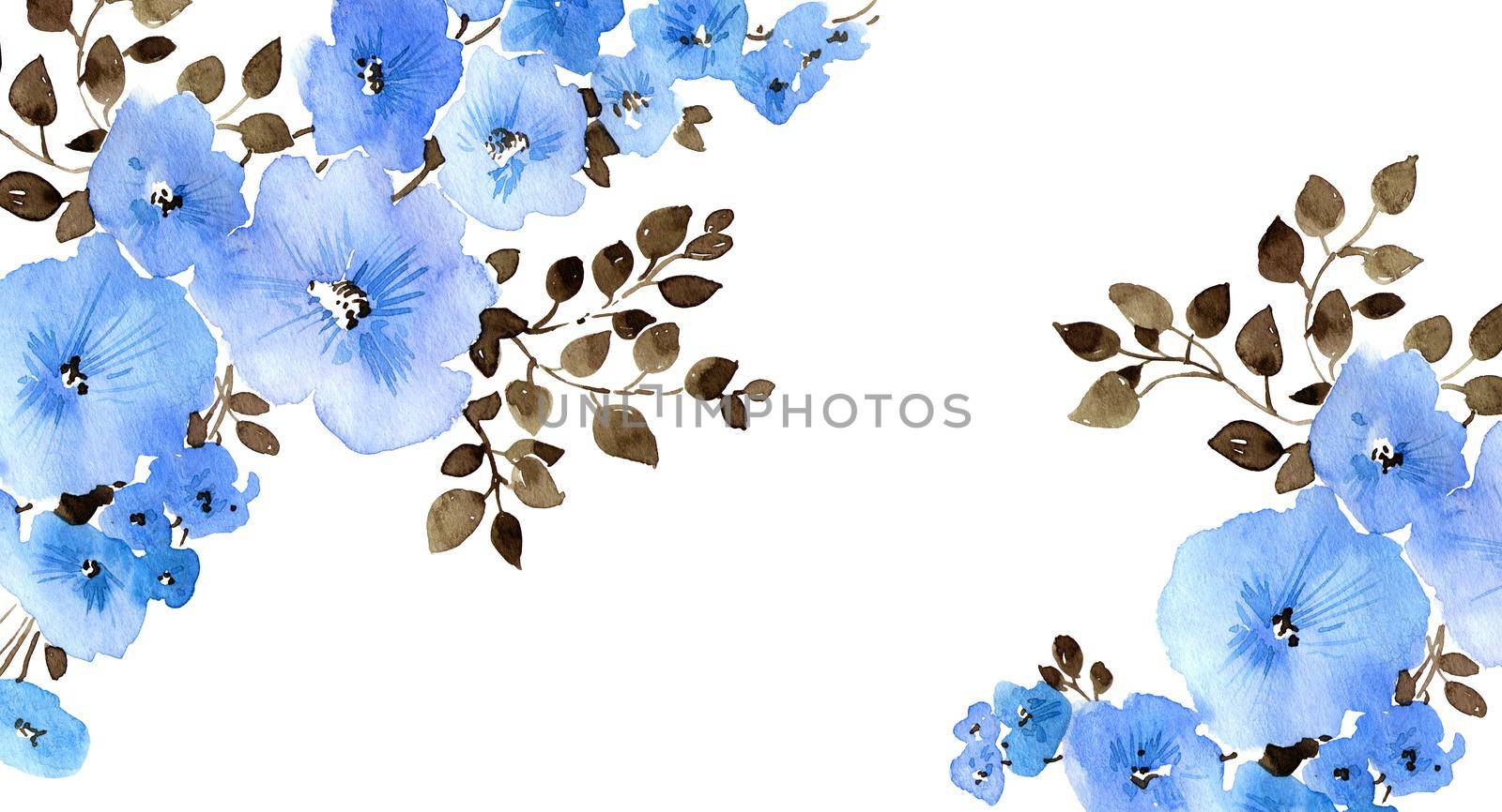 Watercolor illustration of blue flowers with leaves. Beautiful floral pattern on white background. Design for greeting card, invitation or cover.