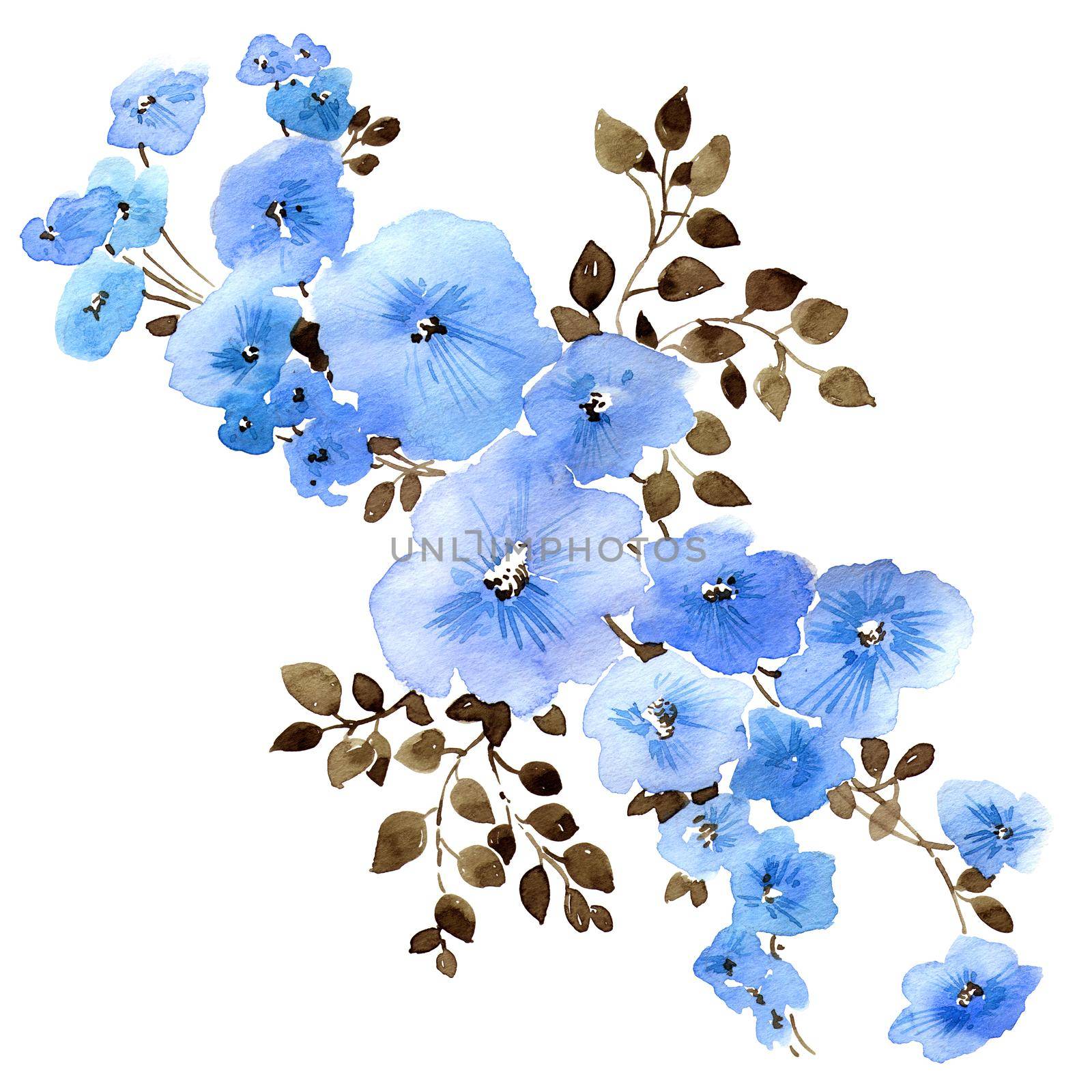 Watercolor illustration of blue flowers with leaves. Beautiful floral pattern on white background. Design for greeting card, invitation or cover.