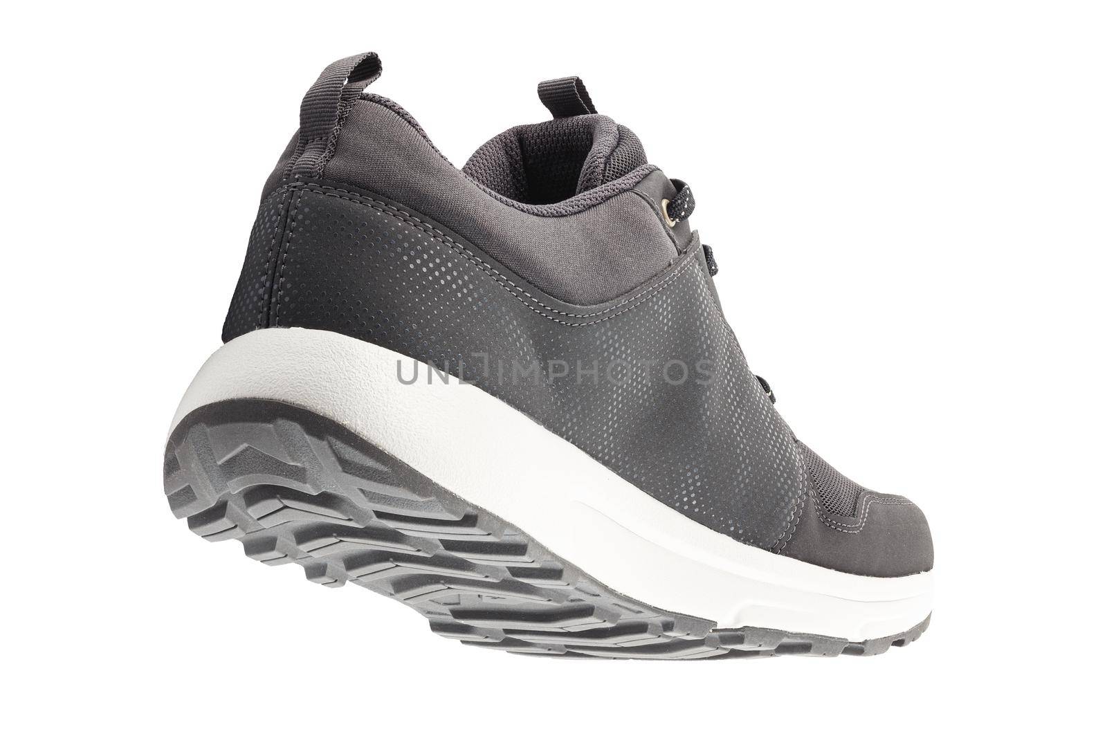 black lightweight summer walking shoe isolated on white background, back view