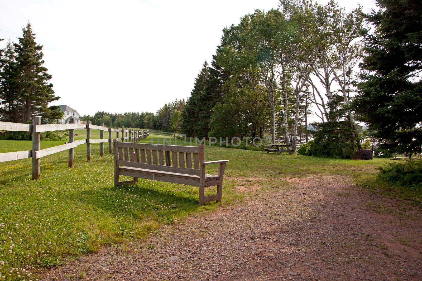 park area with a wooden fence, picnic table and pretty park bench 