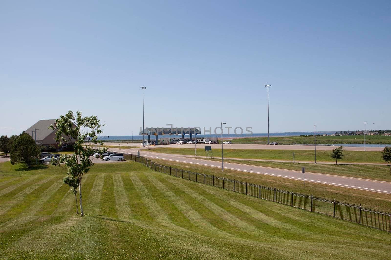 July 26, 2019- Borden Carleton, PEI: Looking at the toll plaza that marks the exit from Prince Edward Island onto the Confederation bridge 