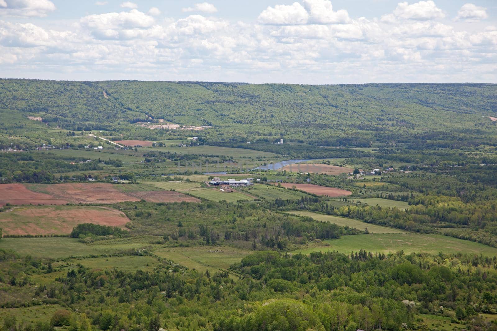 Looking down to the Bridgetown section of the beautiful Annapolis Valley in Nova Scotia, Canada, with the Annapolis River wandering through 