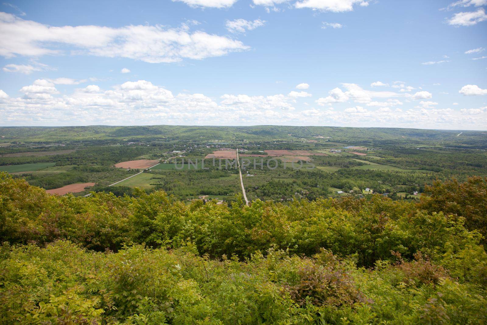 Looking down at the community of Bridgetown, Nova Scotia in the Annapolis Valley from the north mountain