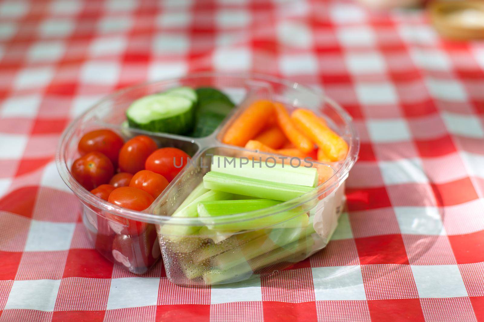  veggies in a tray with dipping sauce on a colorful checkered cloth