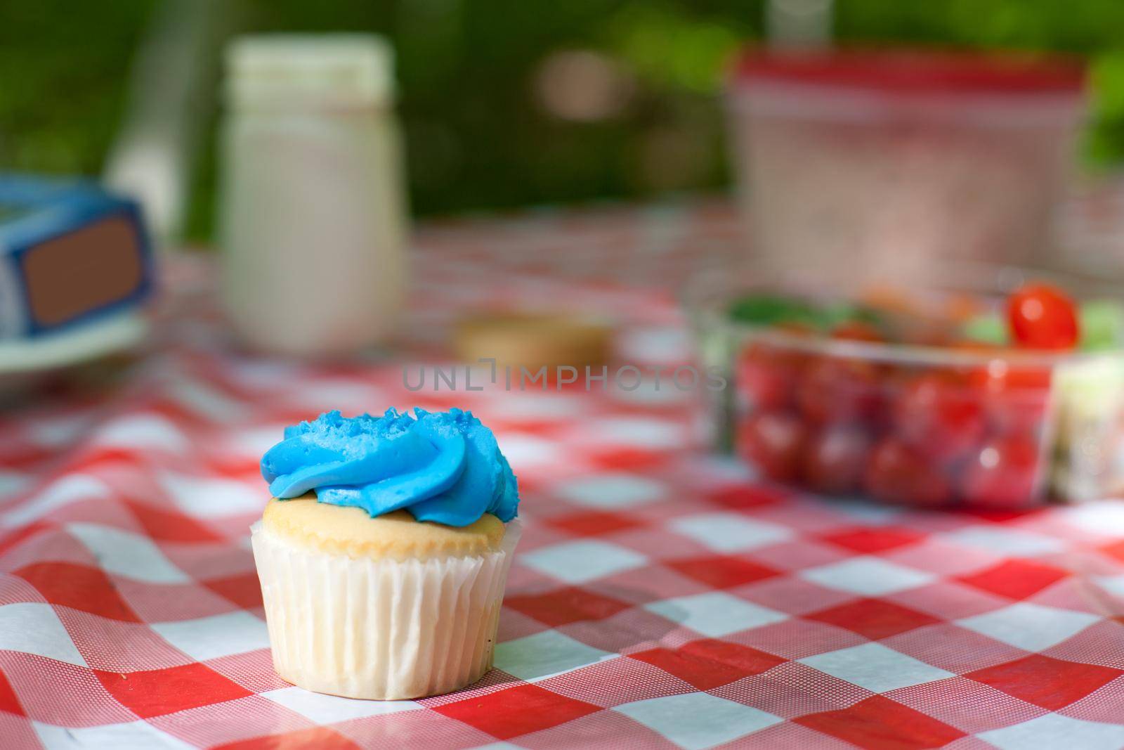 Sweet and crunchy- vegetables and a cupcake provide snacks for camping at a picnic table 