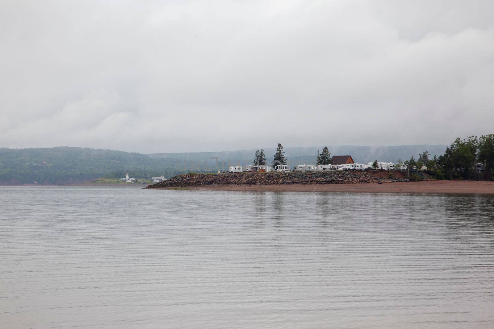  august 18, 2019 - five islands, nova scotia: looking across to the rv or group of motorhomes at five islands campground 