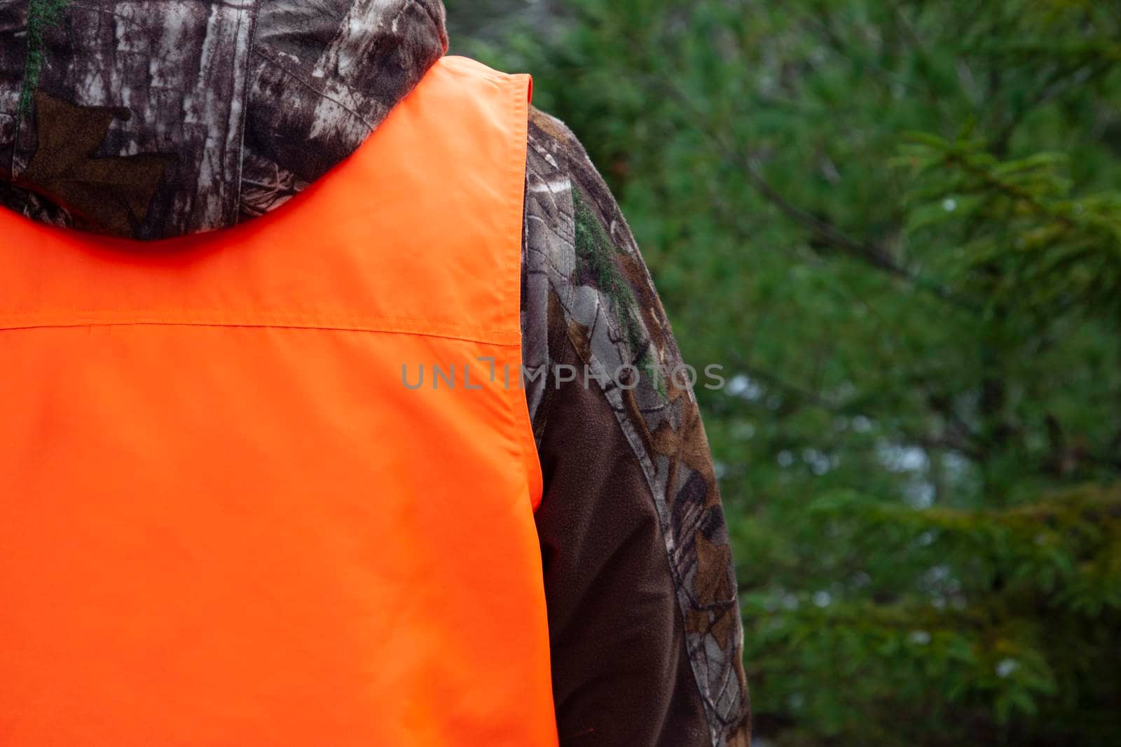 person wearing protective blaze orange vest while in the forest 