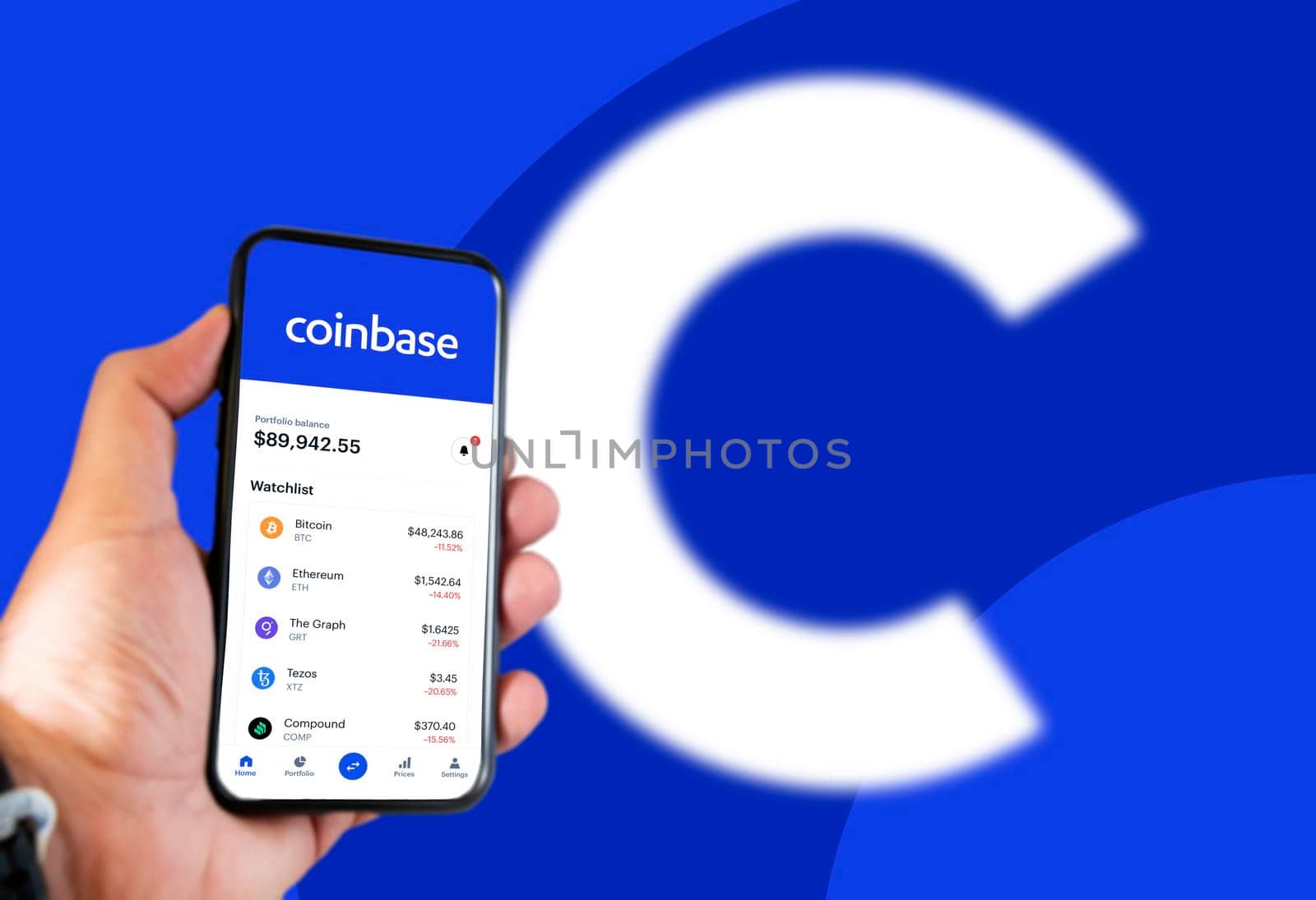 San Francisco, CA, USA, April 7 2021: Cryptocurrency quotes on the Coinbase app screen on a smartphone screen. by rarrarorro