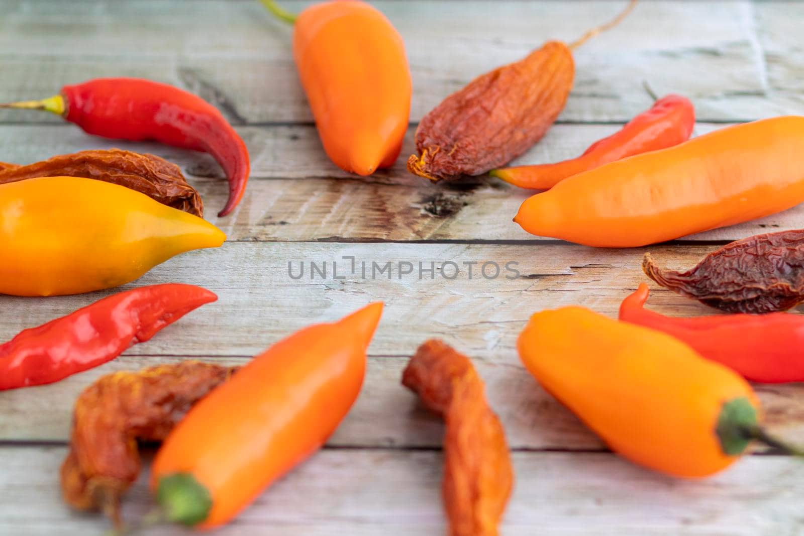 View of several Peruvian peppers, such as yellow pepper, limo pepper and paprika by eagg13