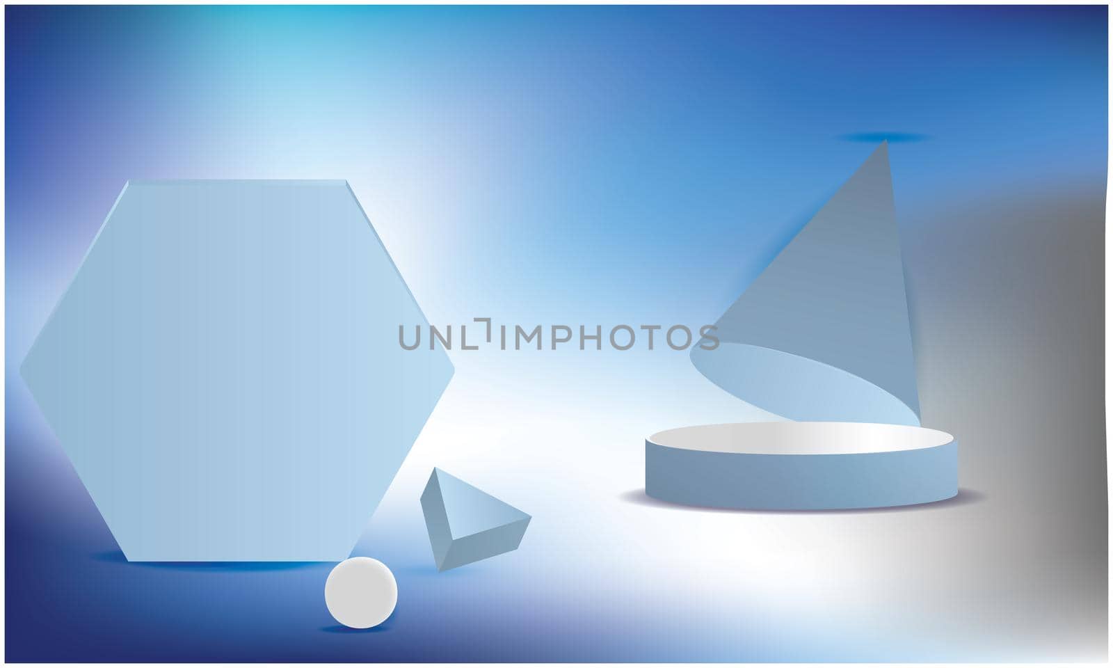 bright hexagon and triangle cone on abstract blue background