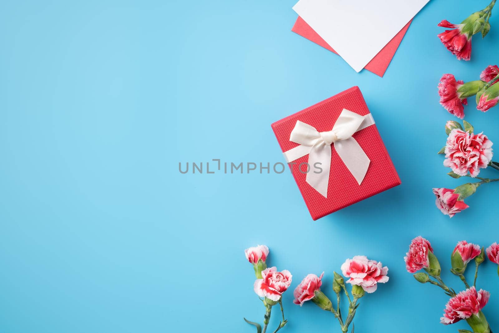 Mother's Day gift. Top view design concept of holiday greeting card with red carnation bouquet on bright blue table background