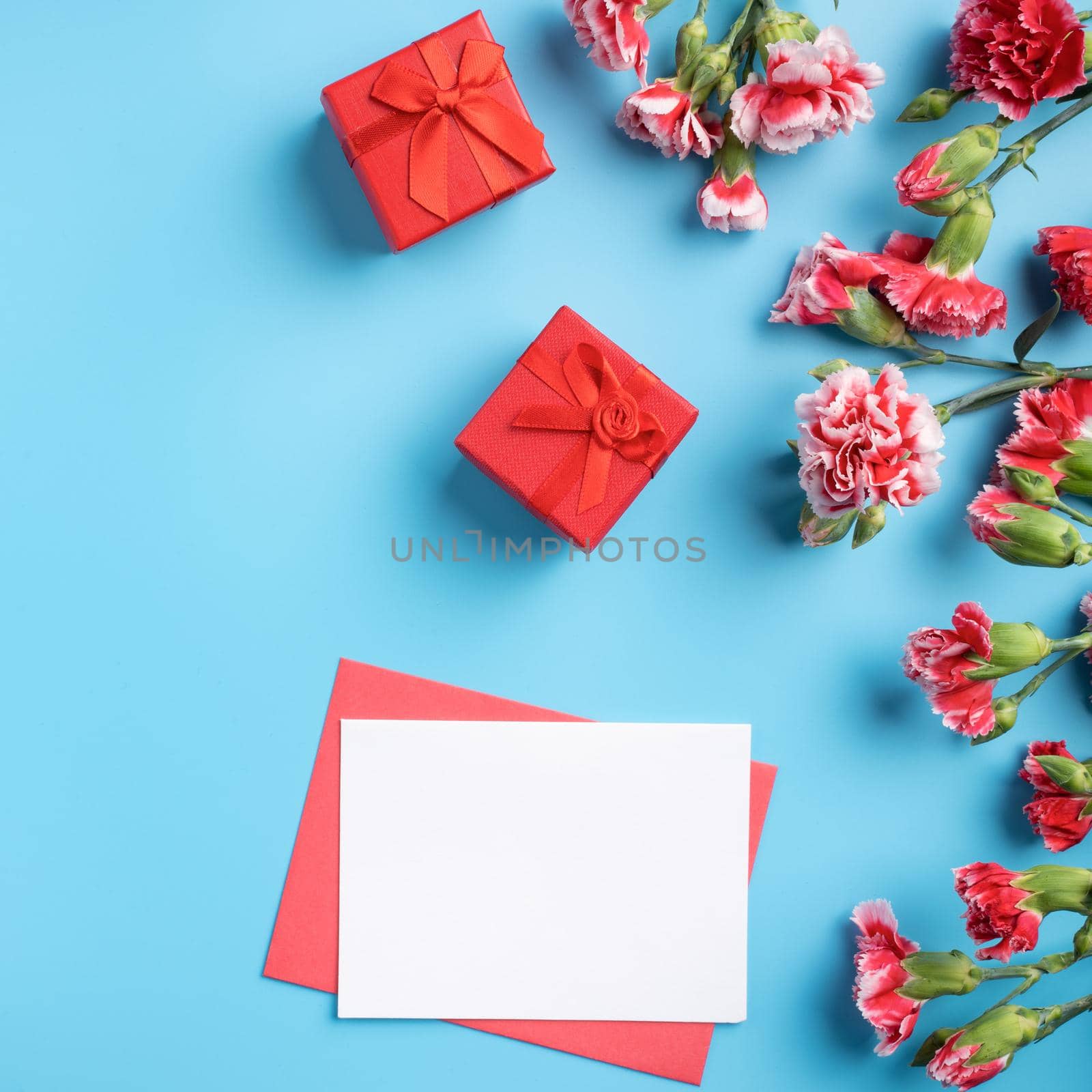 Mother's Day gift. Top view design concept of holiday greeting card with red carnation bouquet on bright blue table background