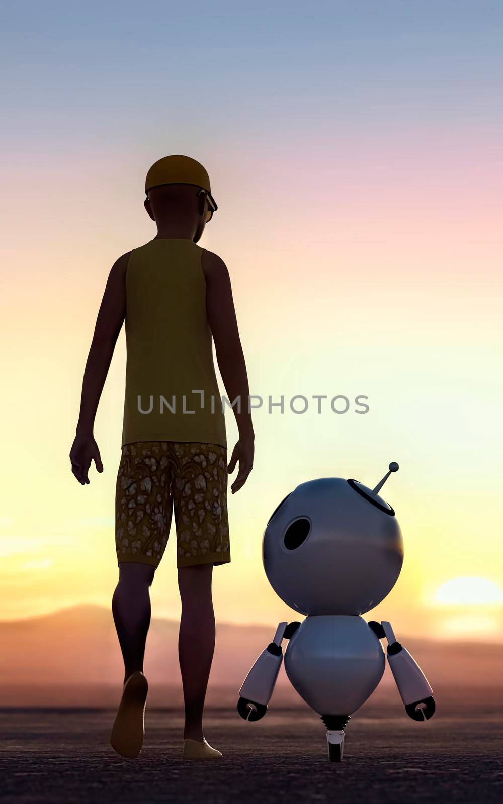 A young boy and a small mechanical robot, walking to the sunset - 3d rendering