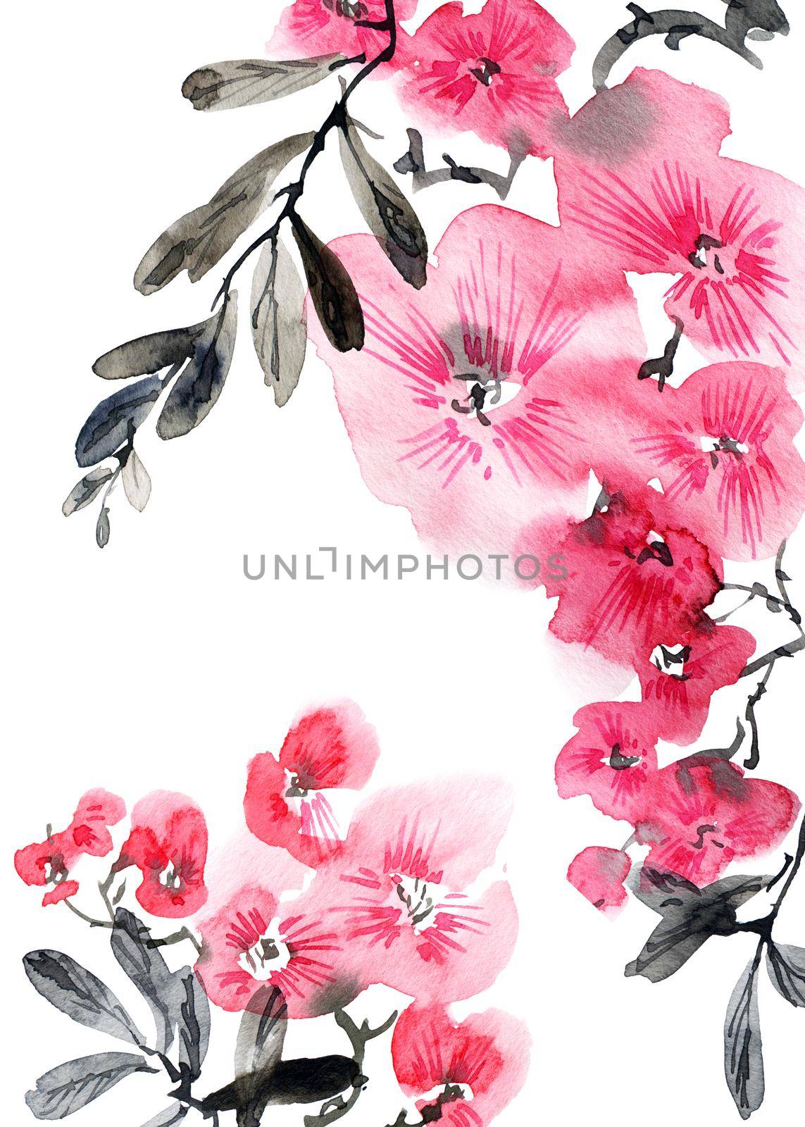 Watercolor illustration of blossom tree with pink flowers, buds and leaves. Oriental traditional painting in style sumi-e, u-sin and gohua. Vertical background for greeting card, invitation or cover.