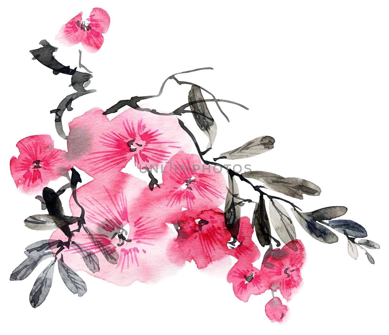Watercolor and ink illustration of blossom tree with pink flowers, buds and leaves. Oriental traditional painting in style sumi-e, u-sin and gohua.