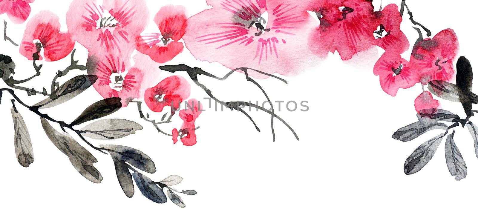 Watercolor illustration of blossom tree with pink flowers, buds and leaves. Oriental traditional painting in style sumi-e, u-sin and gohua. Horizontal background for greeting card, invitation or cover.