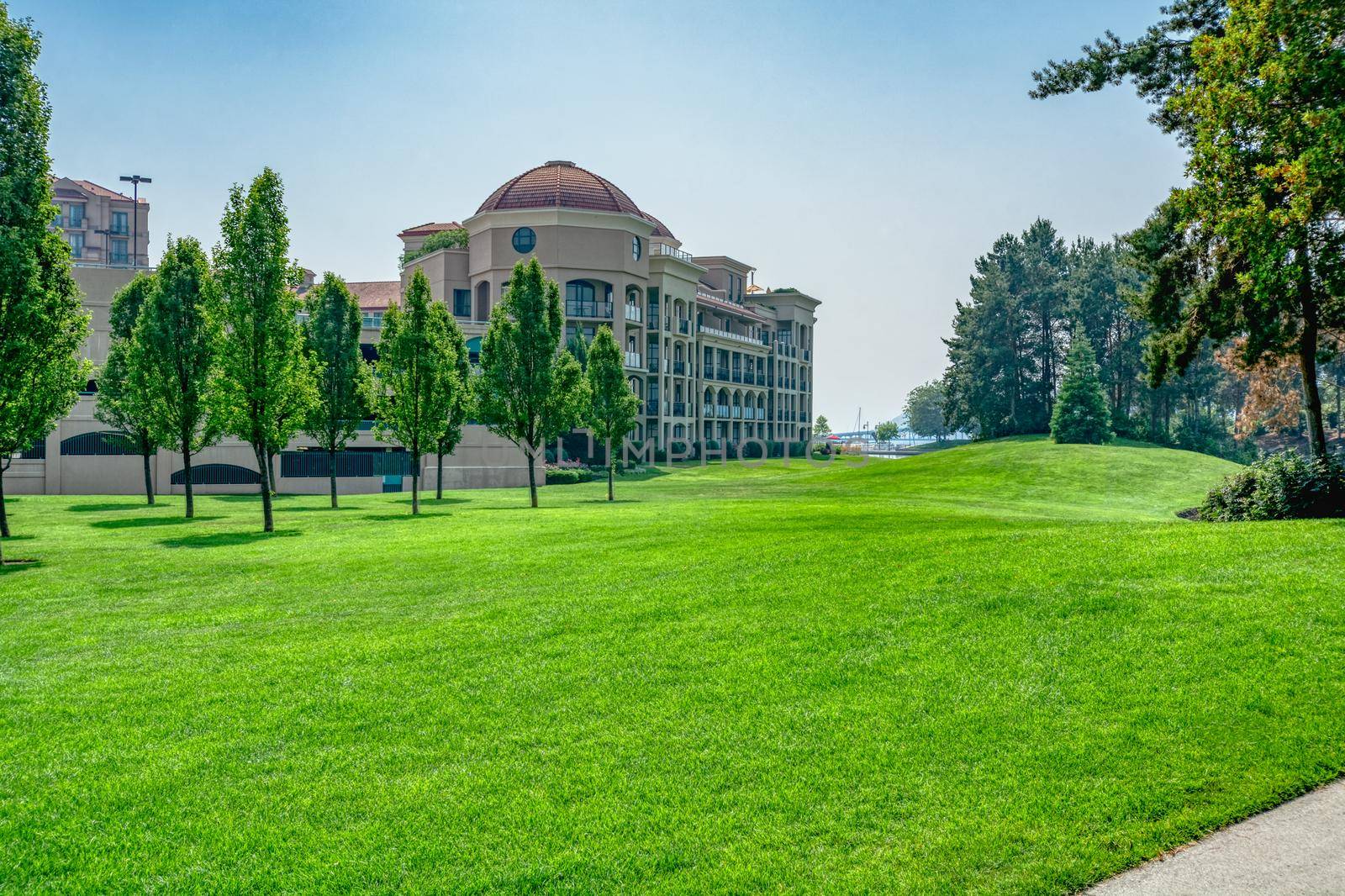 Resort park and residential area in downtown of Kelowna.
