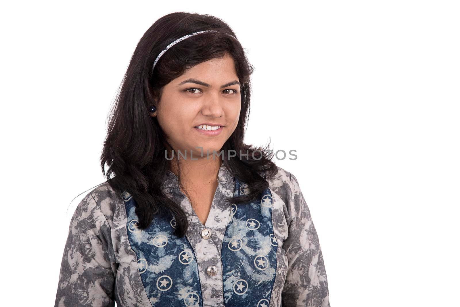 Portrait of beautiful young smiling girl on a white background.