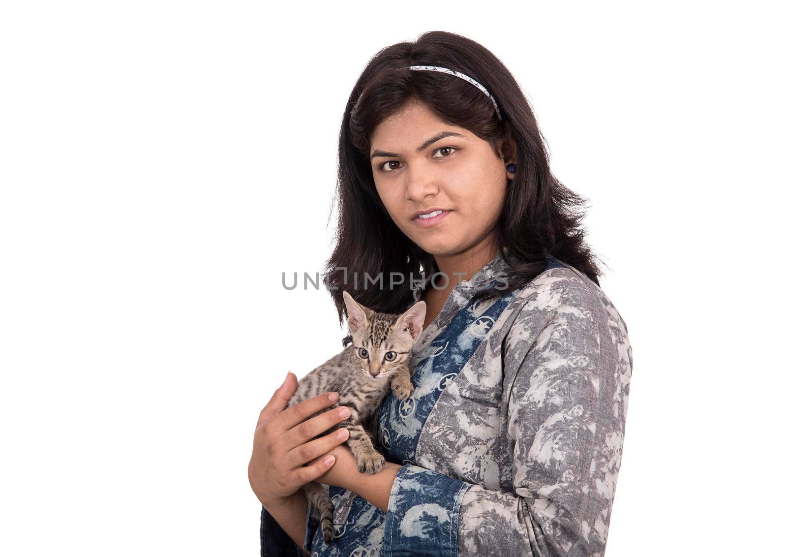 young attractive girl with cat on white background