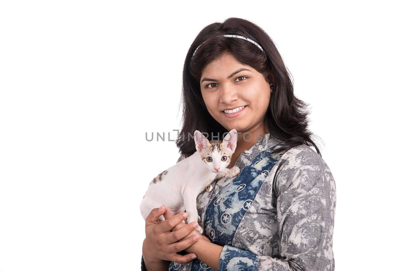 young attractive girl with cat on white background