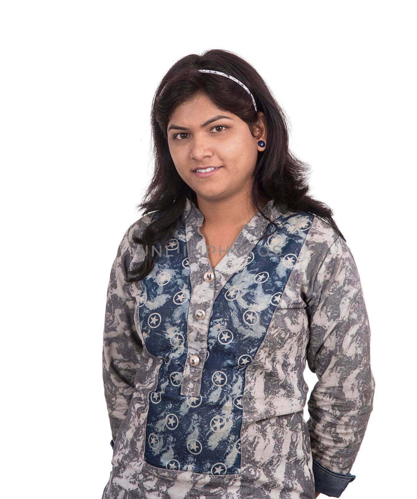 Portrait of beautiful young smiling girl on a white background.