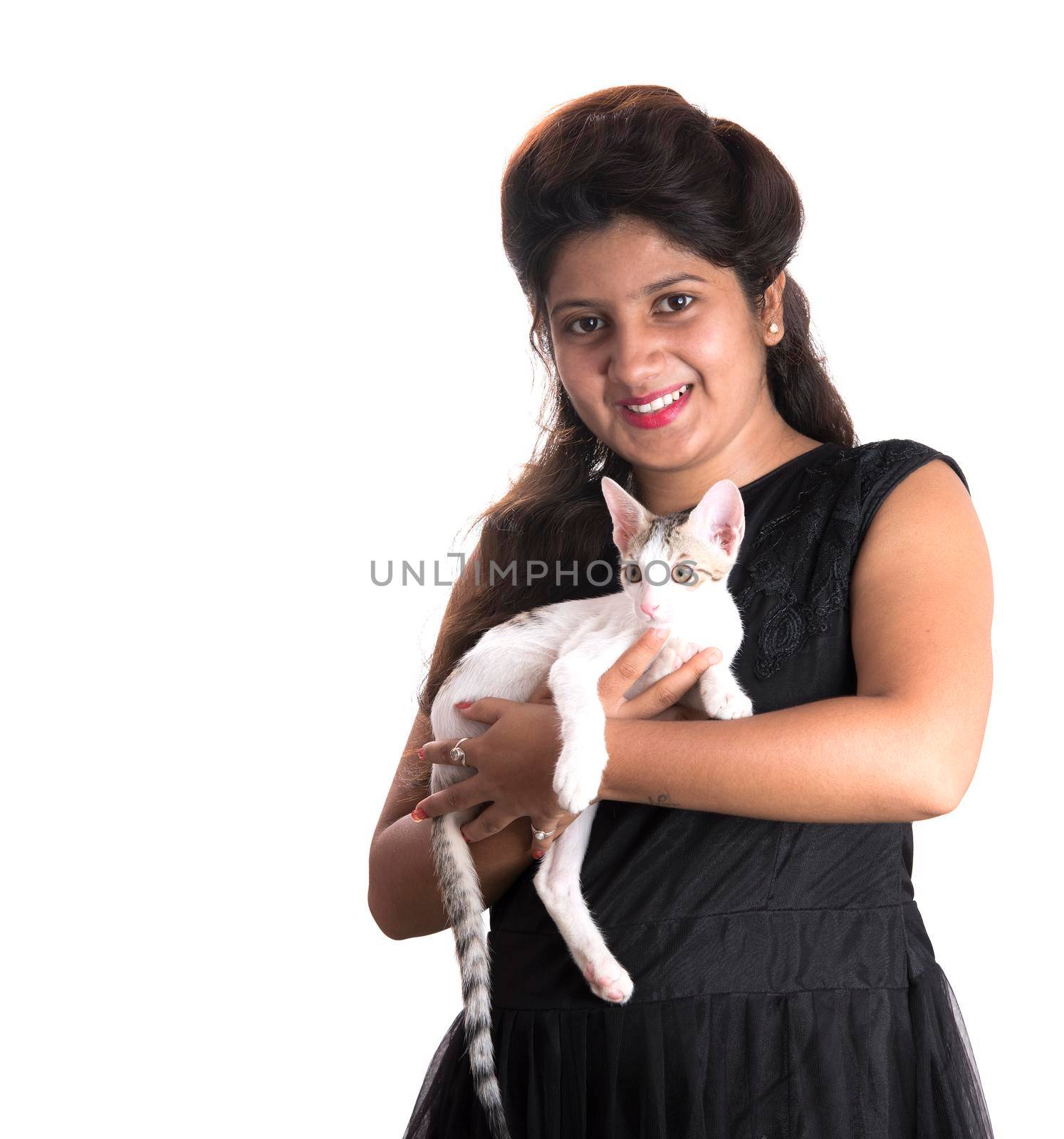 young attractive girl with cat on white background