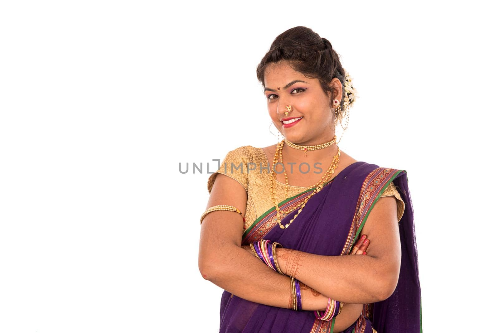 Close up of Beautiful Indian Traditional young girl in saree on white background