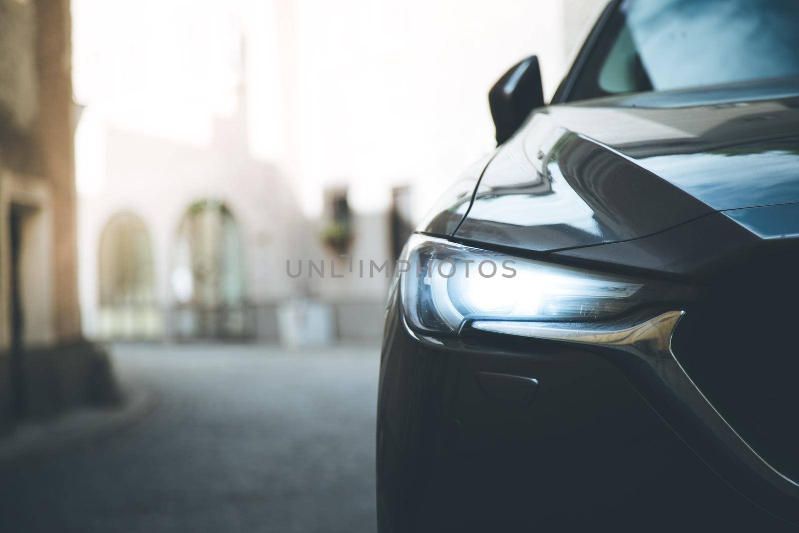 Close up of modern led car headlights, mobility