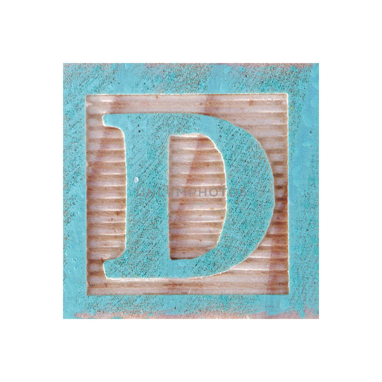Letter D childs wooden block on white with clipping path