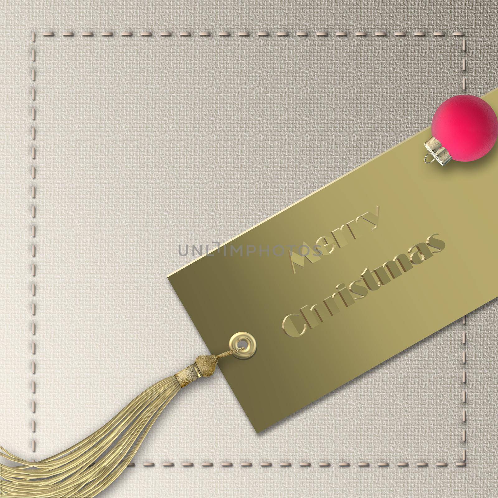 Corporate Christmas New Year 2022 card. Minimalist greeting. Gold gift tag, red ball bauble with text Merry Christmas Happy New Year. Pastel beautiful business card. Place for text. Illustration