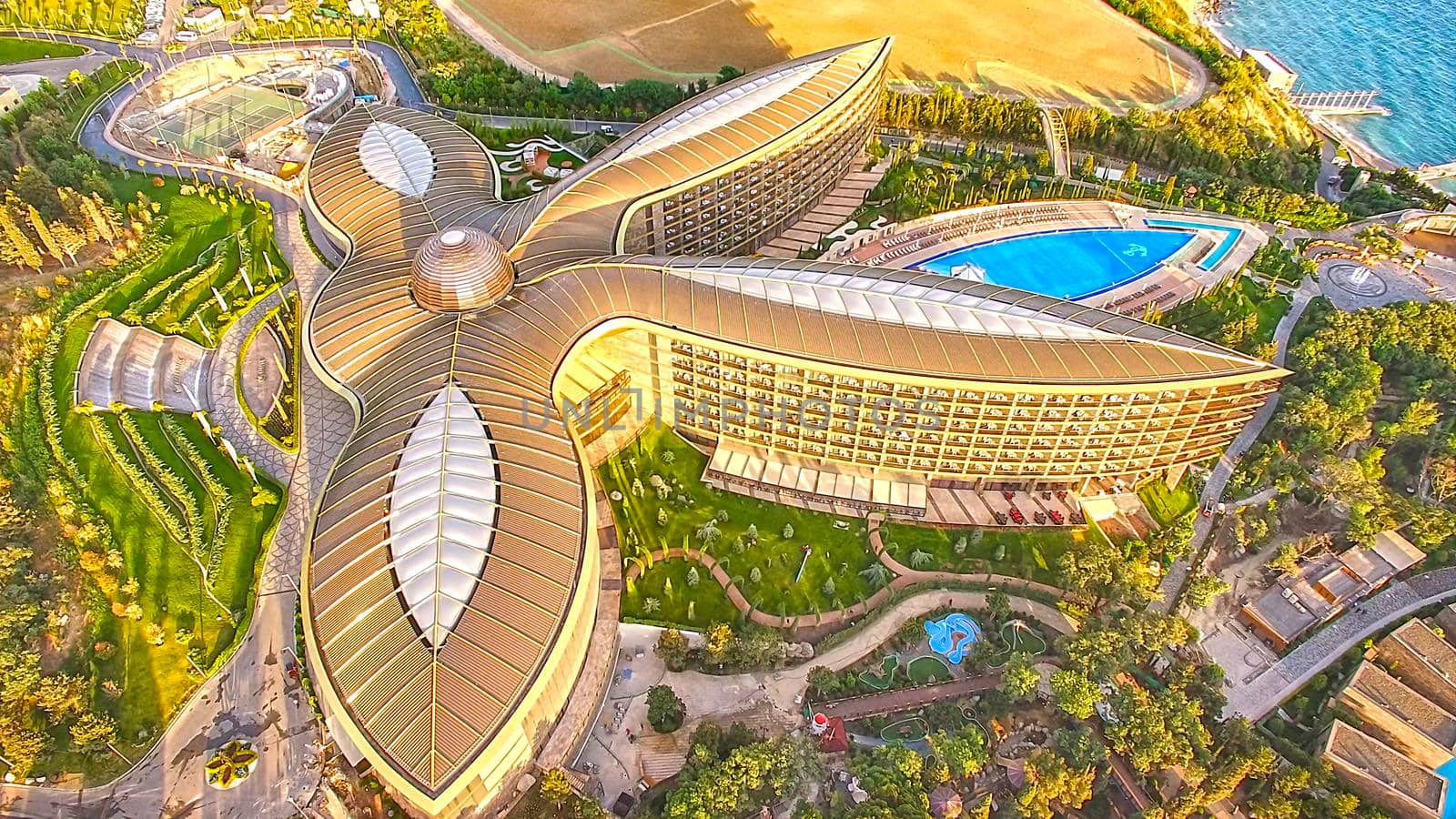 Yalta, Crimea-September 9, 2018: Aerial view of the modern health resort in the form of a Lotus flower on the beach.