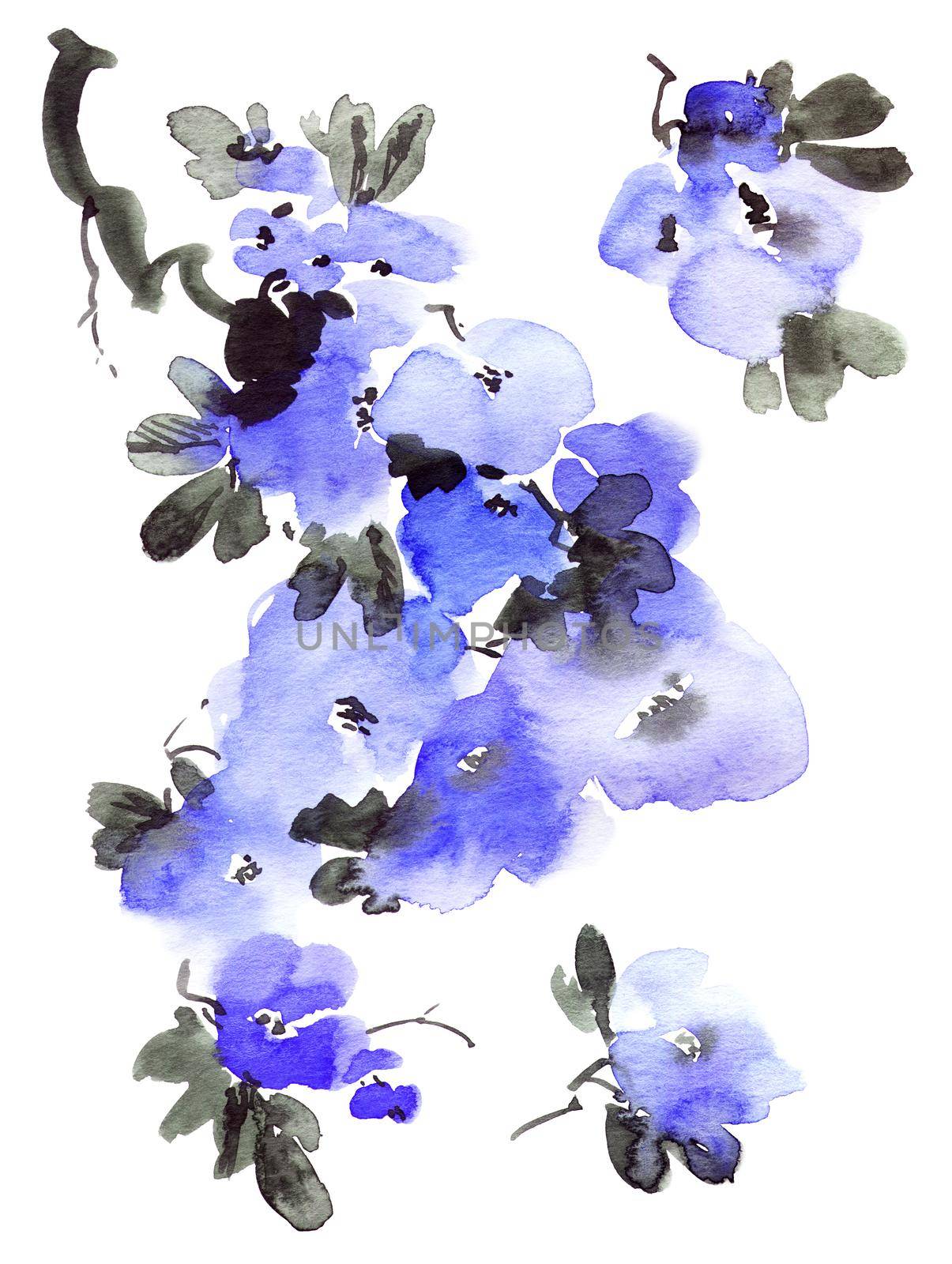 Watercolor and ink illustration of blossom tree with blue flowers and buds. Oriental traditional painting in style sumi-e, u-sin and gohua. Tree branch on white background.