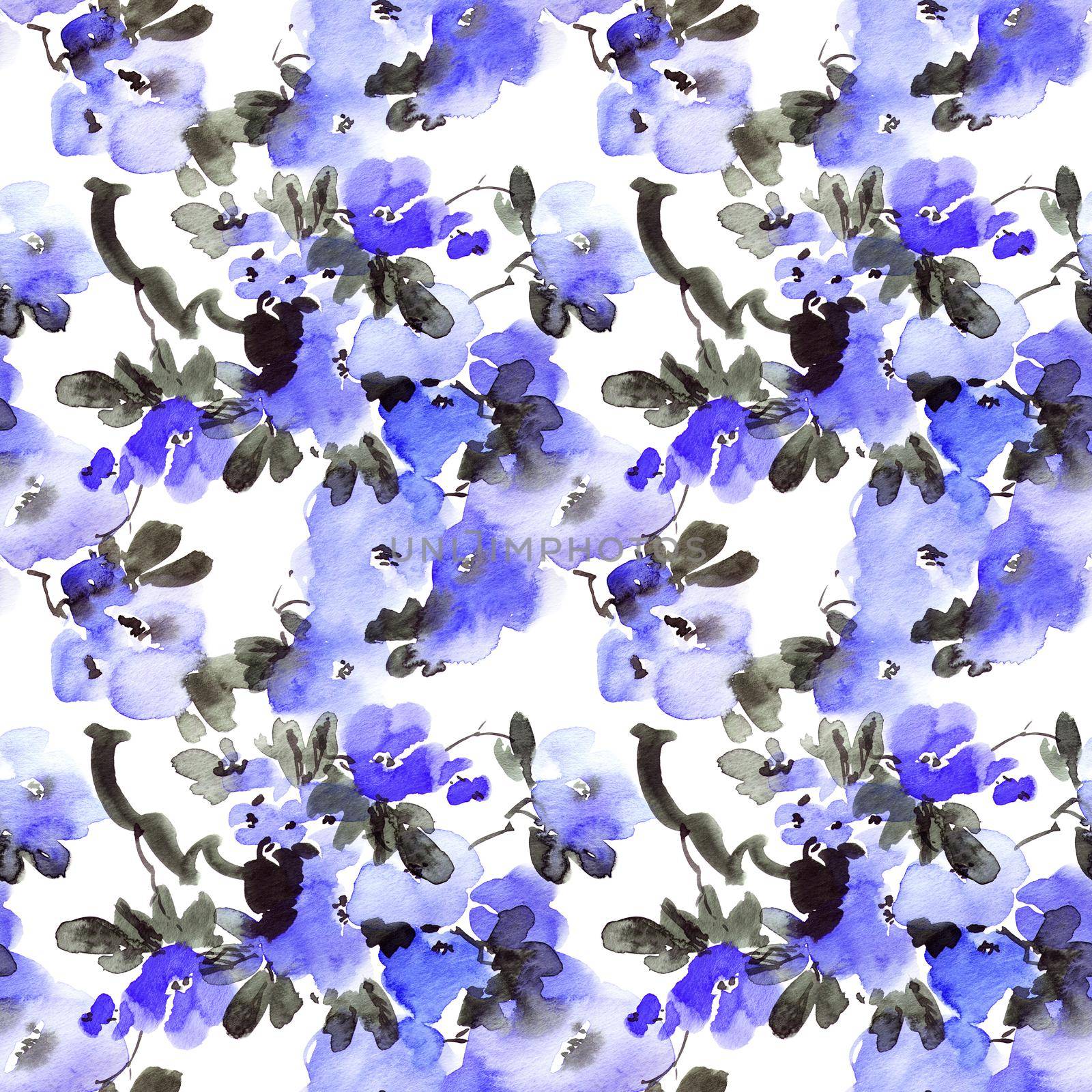 Watercolor and ink illustration of blossom tree with blue flowers and leaves. Oriental traditional painting in style sumi-e, u-sin and gohua. Seamless pattern.