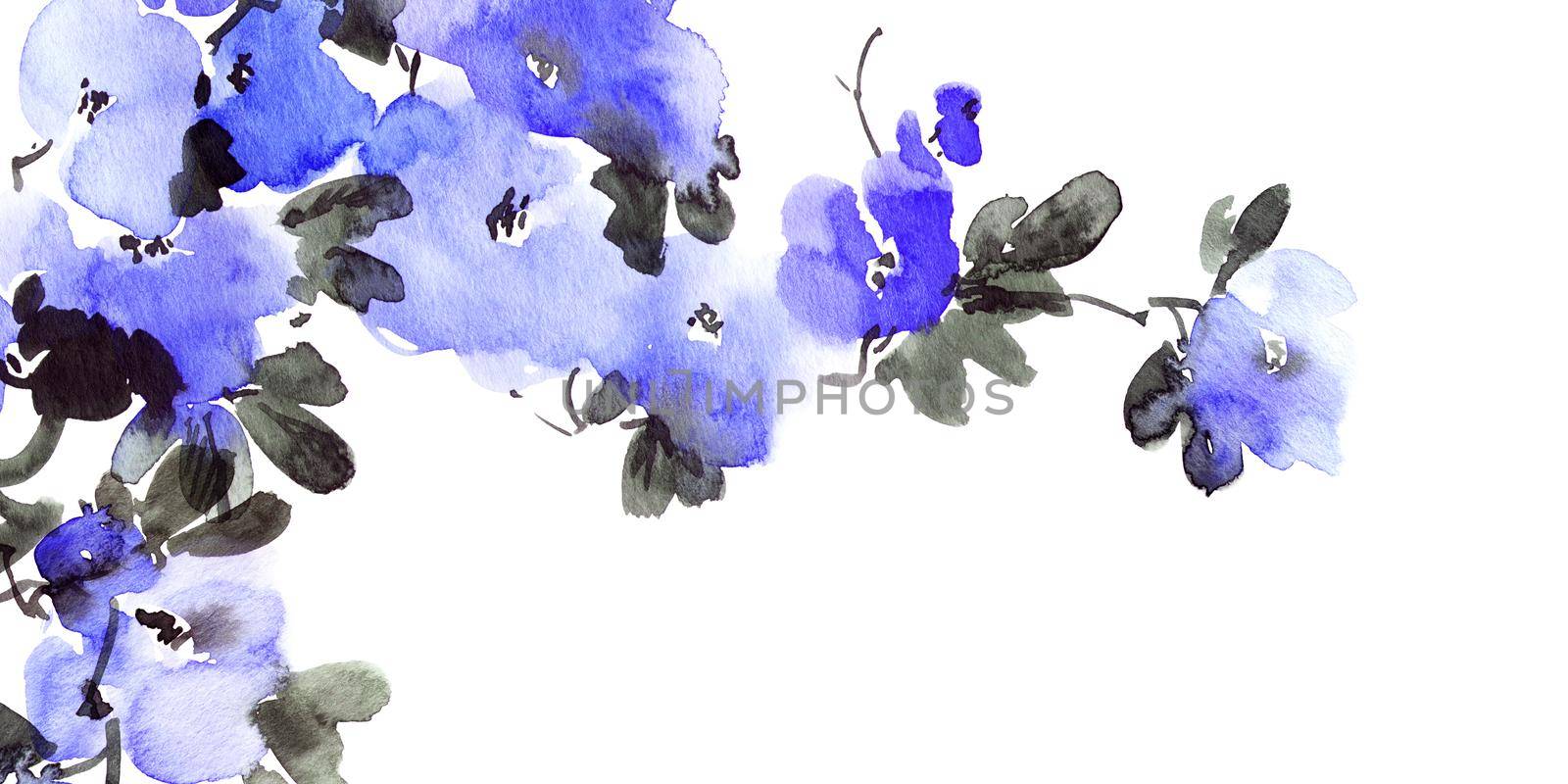 Watercolor illustration of blossom tree with blue flowers, buds and leaves. Oriental traditional painting in style sumi-e, u-sin and gohua. Horizontal background for greeting card, invitation or cover.