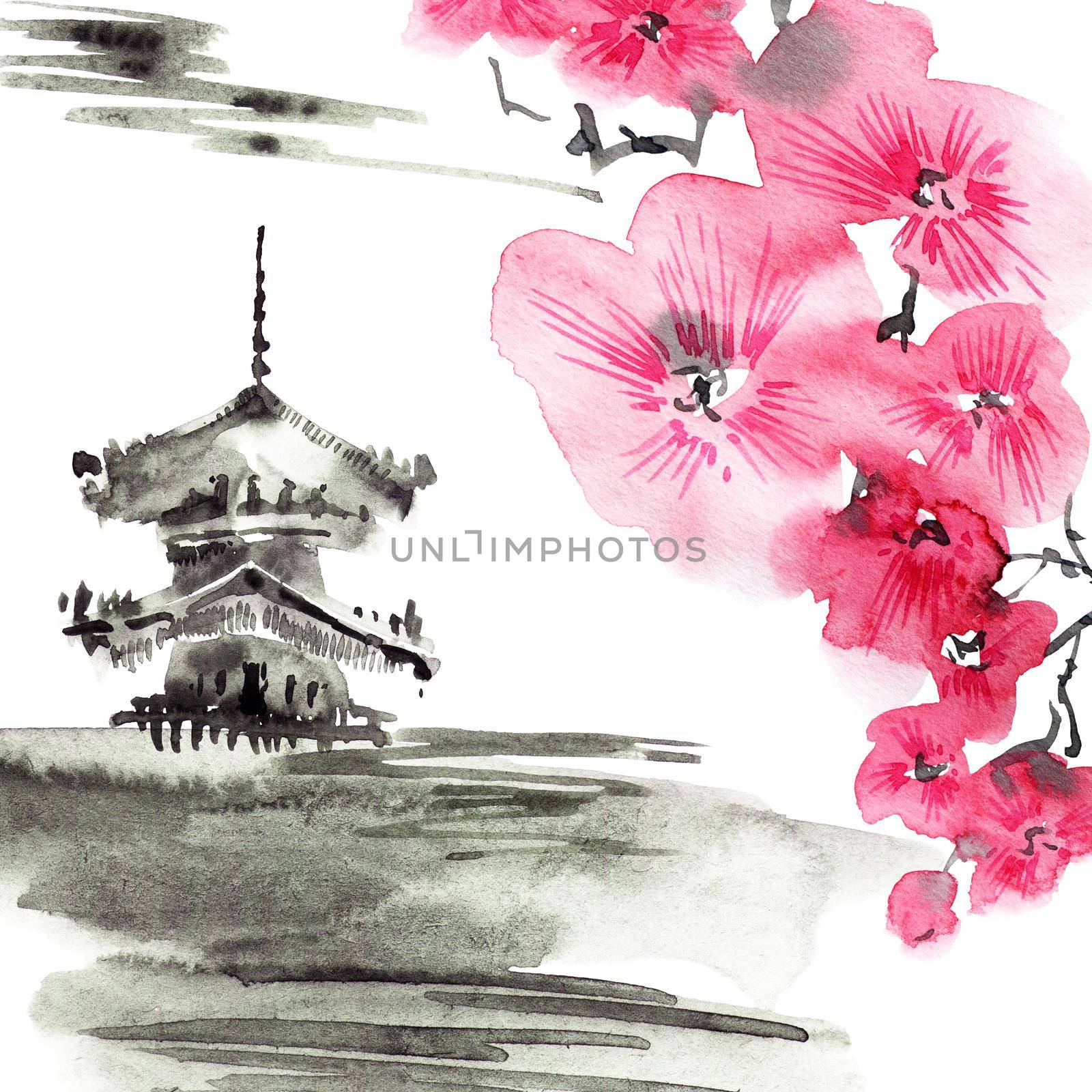 Traditional pagoda and cloudy sky on white background. Watercolor illustration in sumi-e style. Oriental traditional painting.