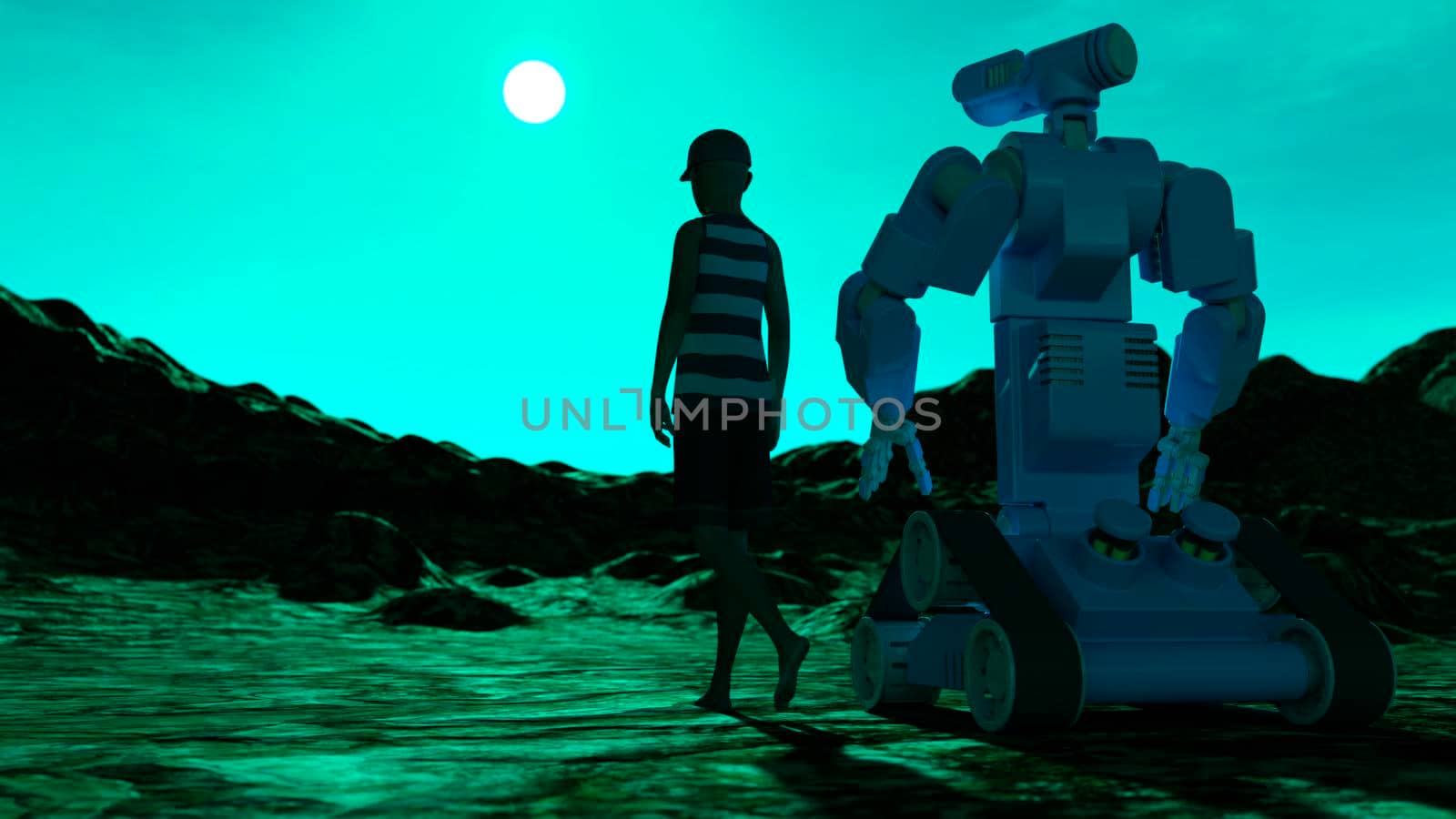 A young boy and a mechanical robot, walking to the sun by ankarb