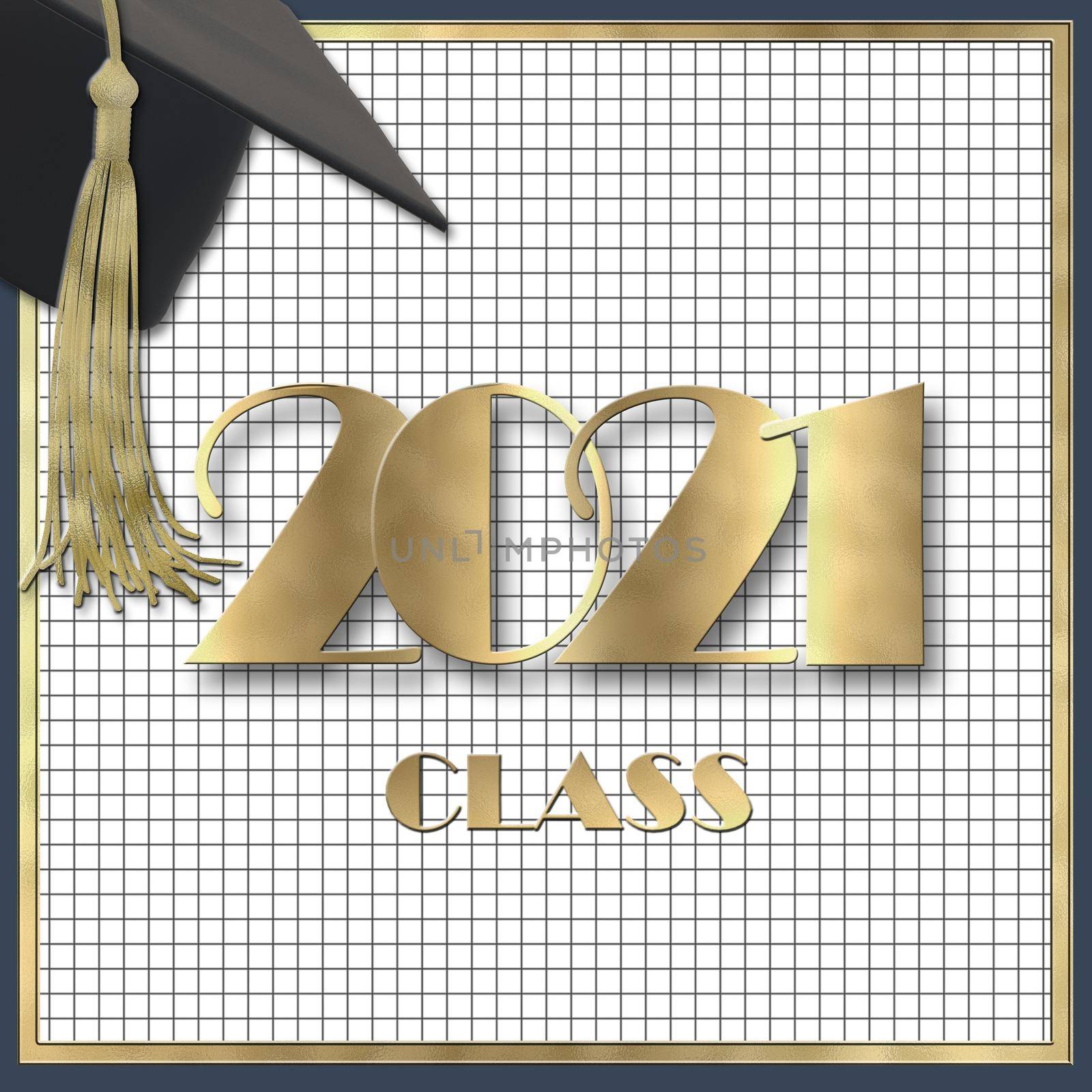 2021 class. Graduation 2021 cap with tassel. Class of 2021 year on squared graph grid paper. Education concept, isolated. Place for text, copy space. 3D illustration
