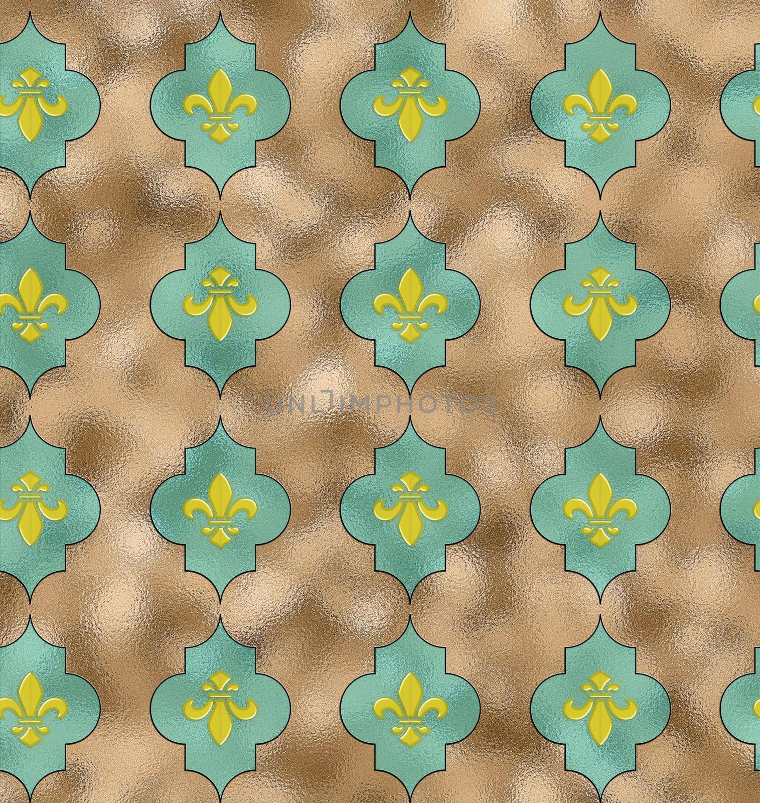 Royal Lily Fleur de Lis Seamless Pattern. Turquoise blue seamless background with lily fleur de lis for print fabric or poster. 3Dillustration