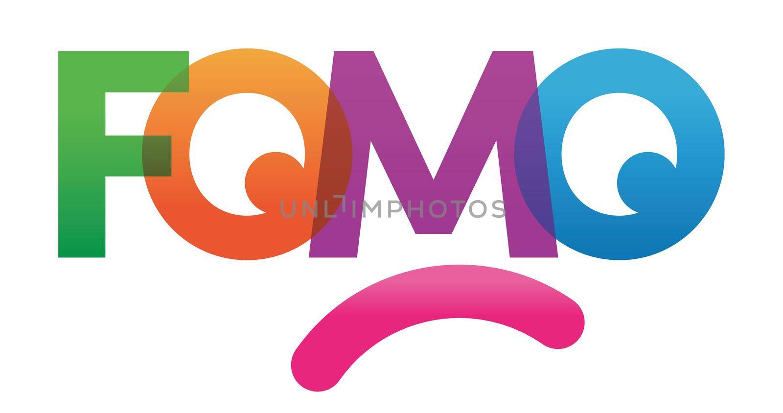 FOMO word vector illustration. Joy Of Missing Out. Colored rainbow text. Vector banner. Corporate concept. Gradient Text. Transparency Letters by avirozen