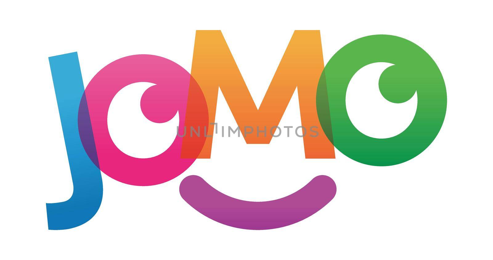 JOMO word vector illustration. Joy Of Missing Out. Colored rainbow text. Vector banner. Corporate concept. Gradient Text. Transparency Letters. Vector illustration