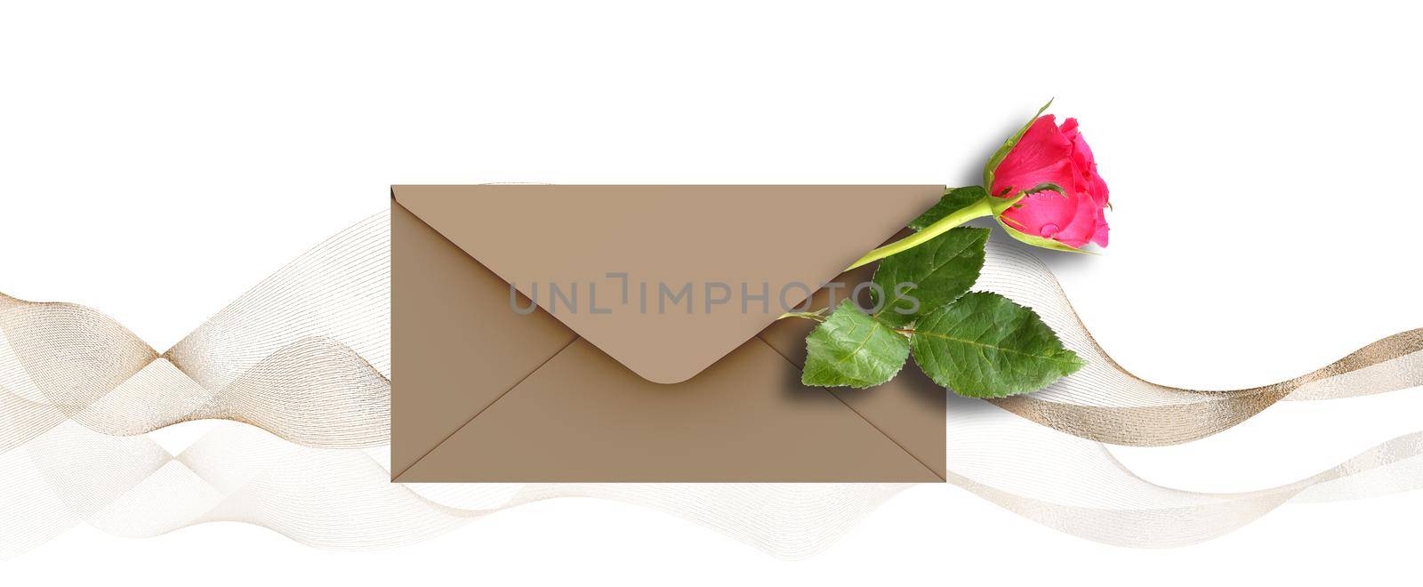 Single Red rose flower in envelope for mock up on white background, abstract golden waves. Flowers for holiday cards, mother's day, 8 March, birthday, wedding, Valentine's Day. Beautiful flower card