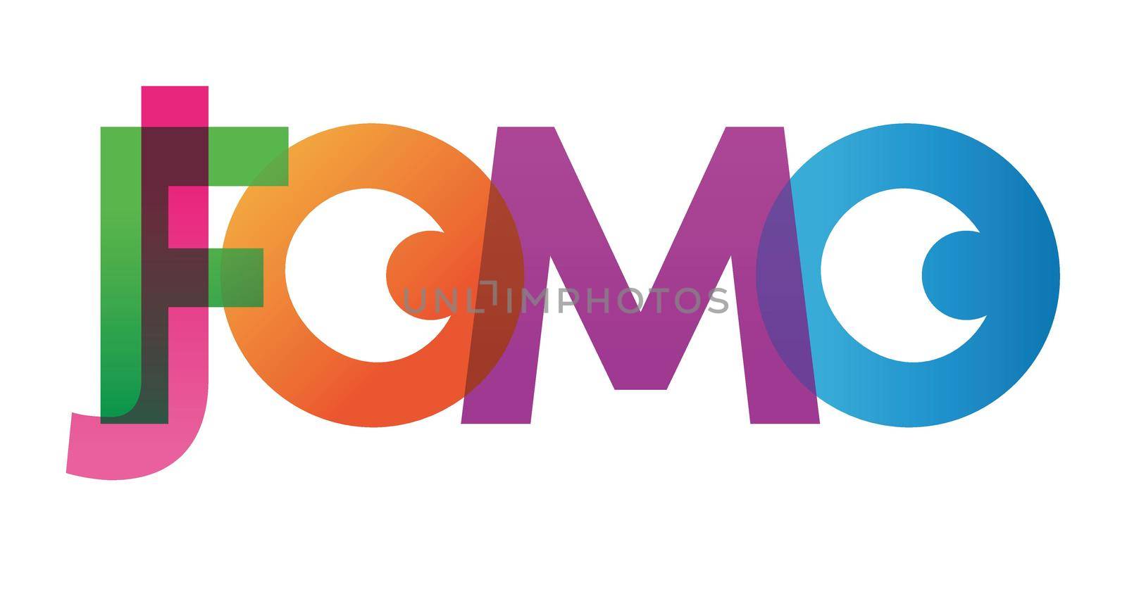 JOMO FOMO word vector illustration. Joy Fear Of Missing Out. Colored rainbow text. Vector banner. Corporate concept. Gradient Text. Transparency Letters by avirozen